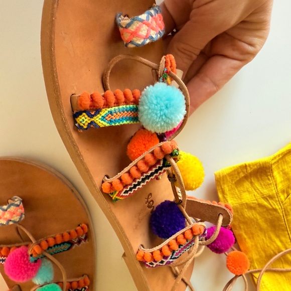 Ammos Genuine Leather Greece Pom Friendship Charm Gladiator Wrap Sandal Size 7 - Picture 7 of 15